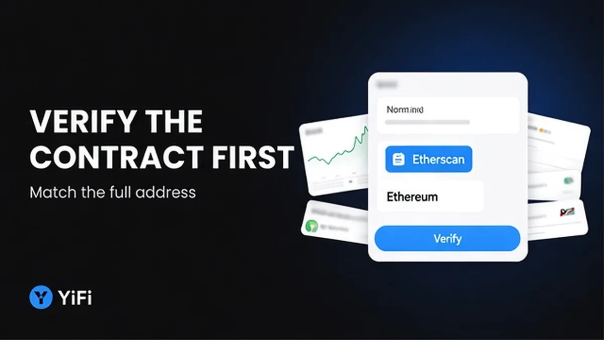 YiFi dark editorial cover: VERIFY THE CONTRACT FIRST headline, floating white cards with a token contract address and explorer chips, YIFI wordmark