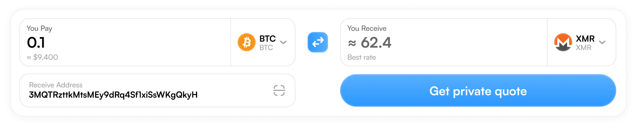 Private swap form: BTC to XMR with receive address
